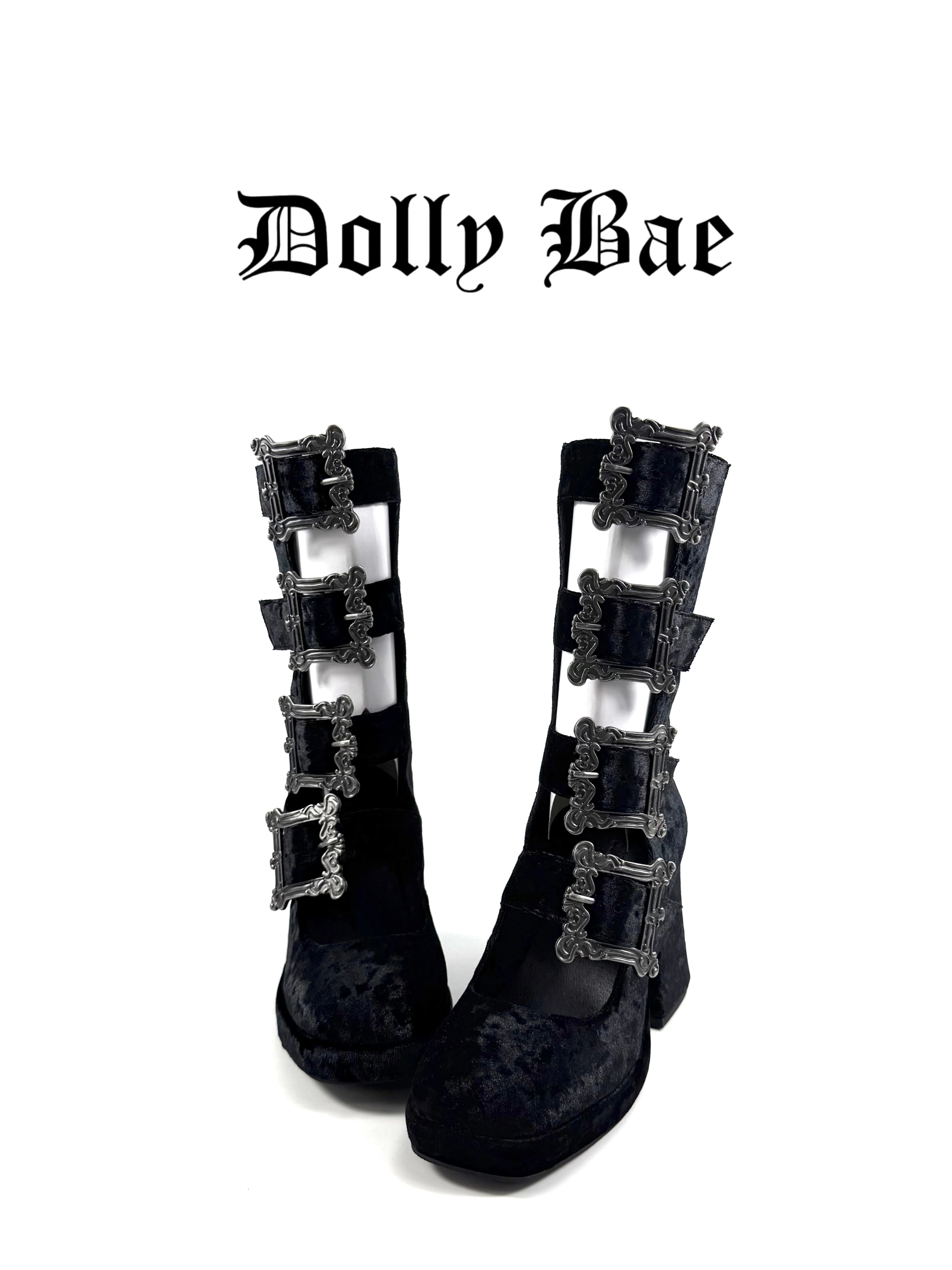 Dollybae Carved Square Buckle Hollow Skinny Boots
