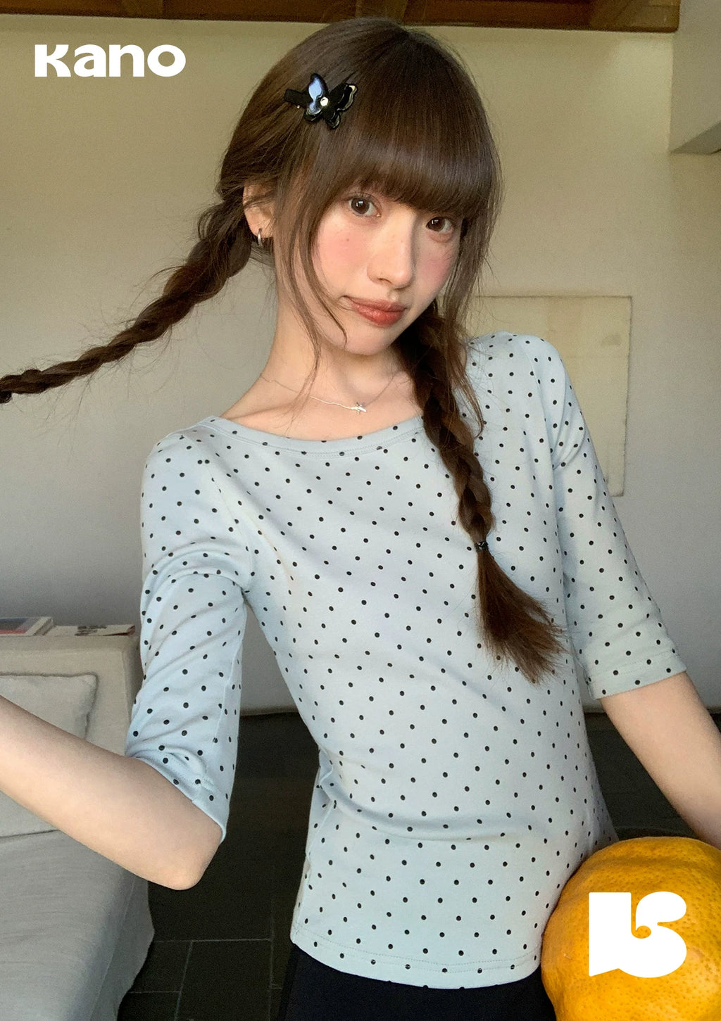 KANO Contrasting Polka Dot Printed Round Neck Tee