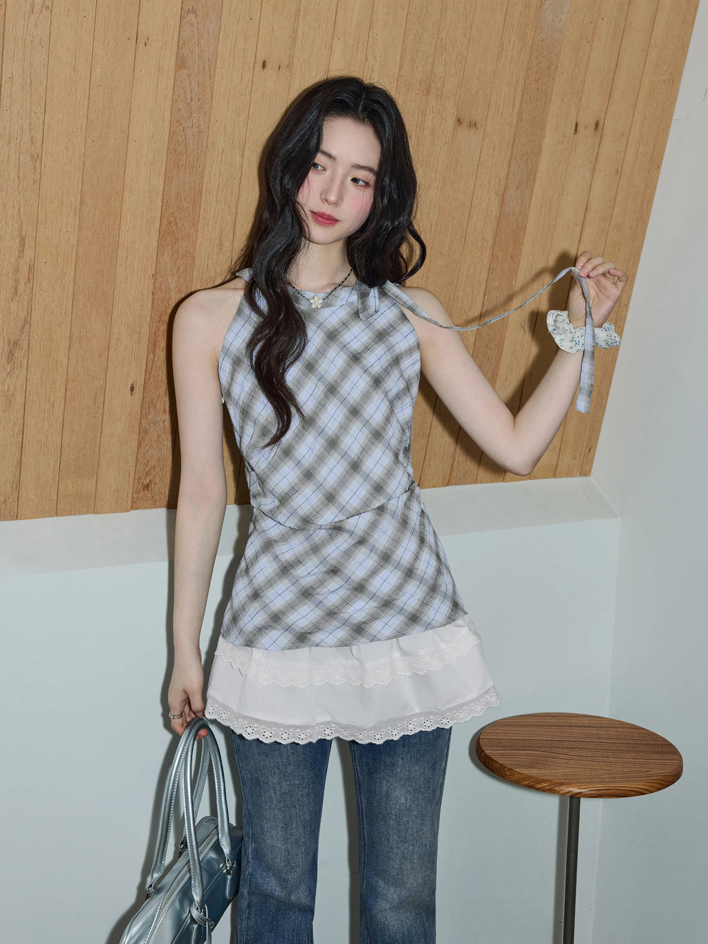 XUJING Lace Stitching Plaid Sleeveless Shirt