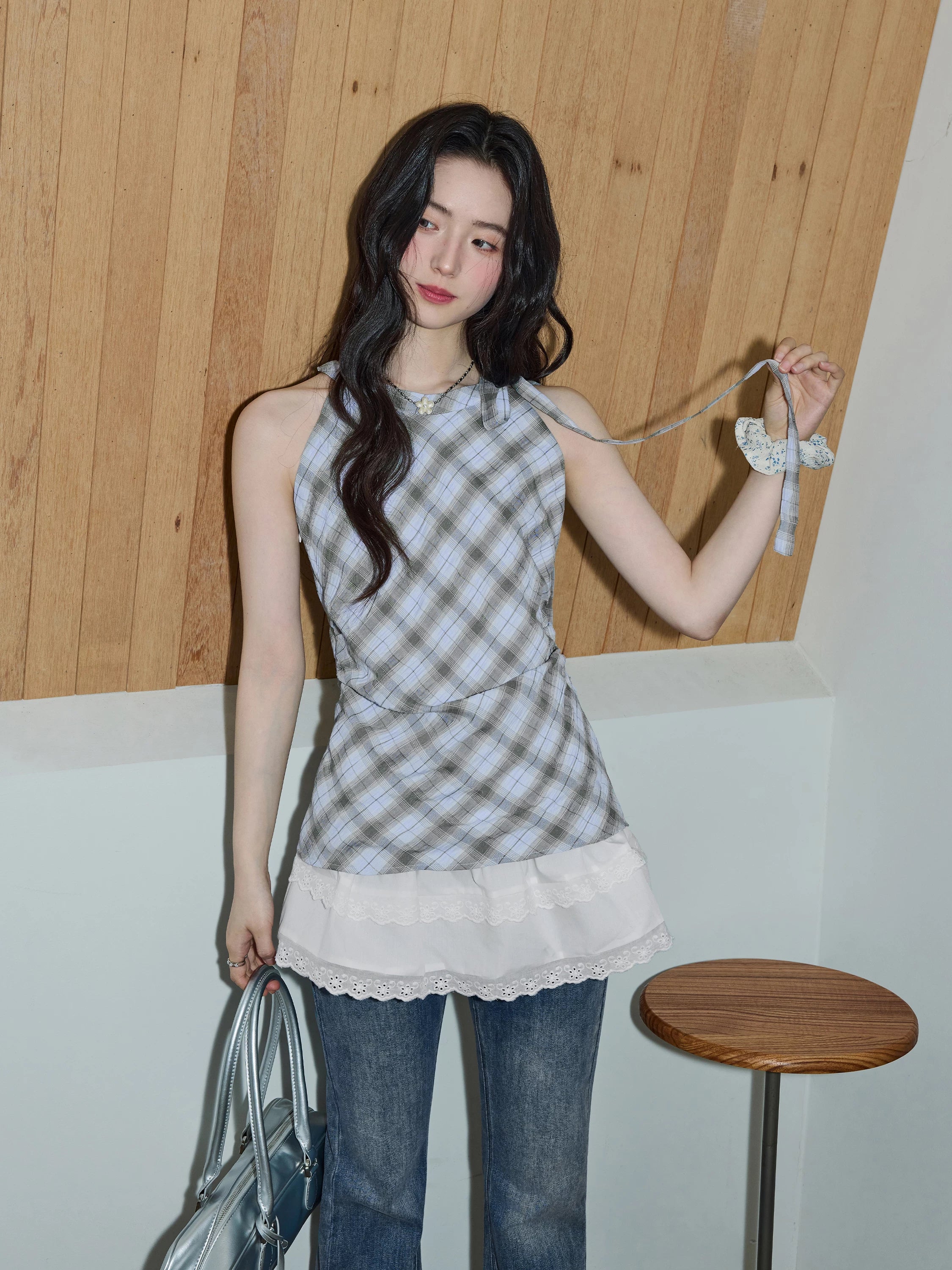 XUJING Lace Stitching Plaid Sleeveless Shirt