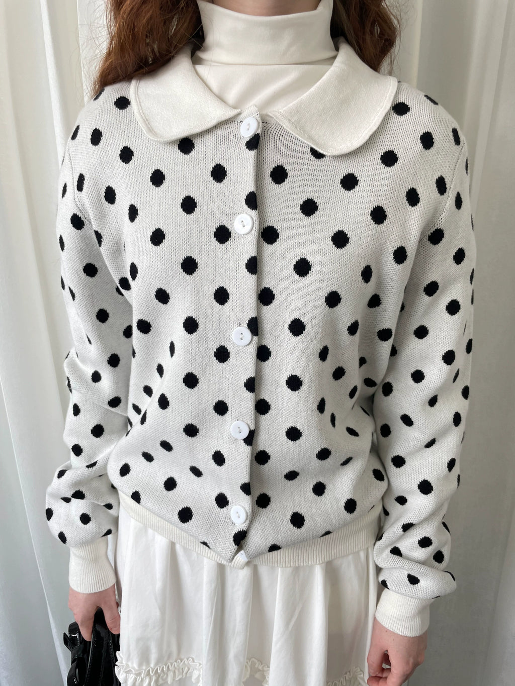 Loosesmell Polka Dot Doll Collar Long Sleeve Knitted Cardigan