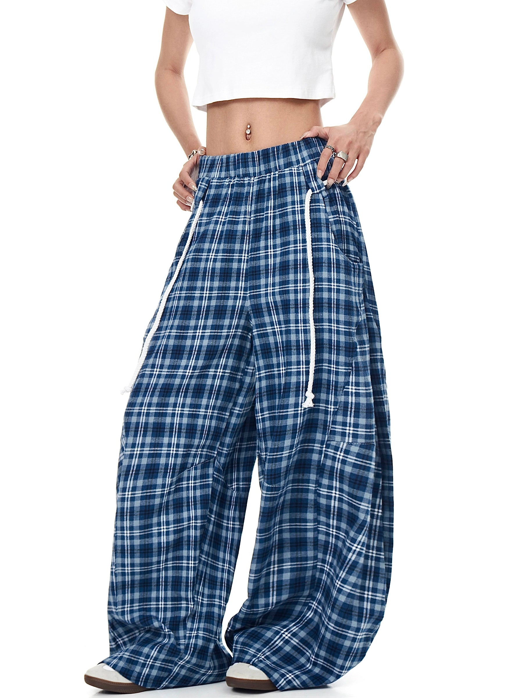 BLACKLISTS Casual Lazy Blue Checked Scimitar Pants