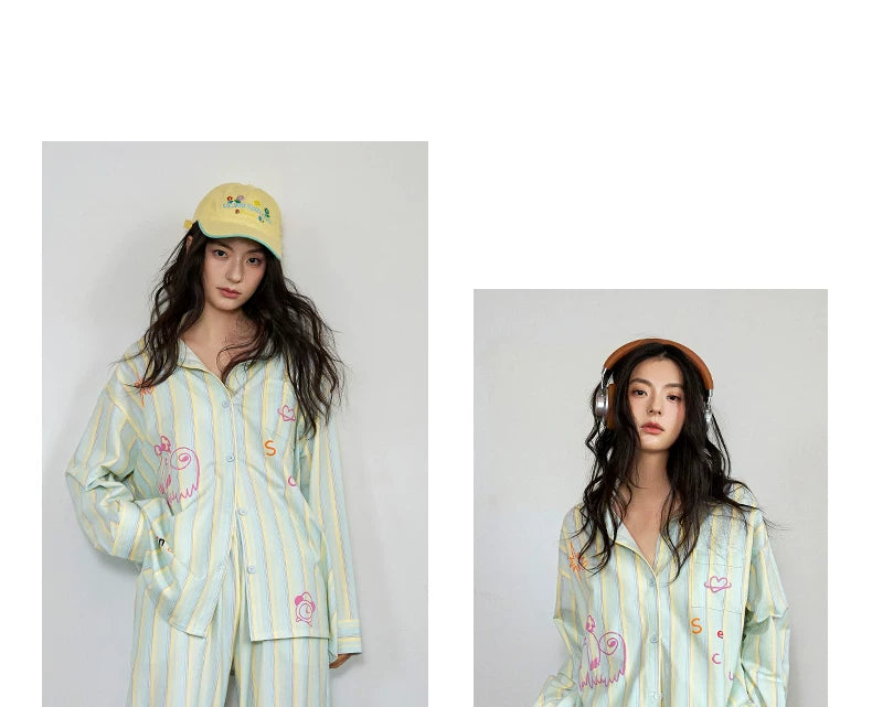 YUENEI Striped Dopamine Cardigan Pajamas