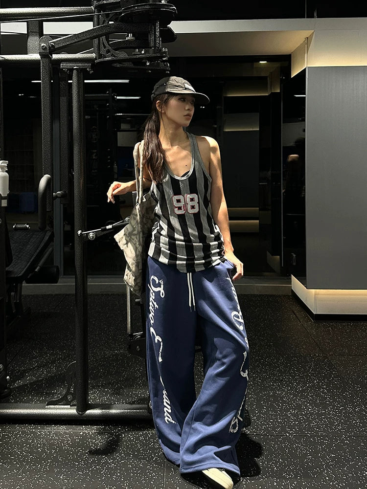 EAHO Side Letter Print Drawstring Wide Leg Sweatpants