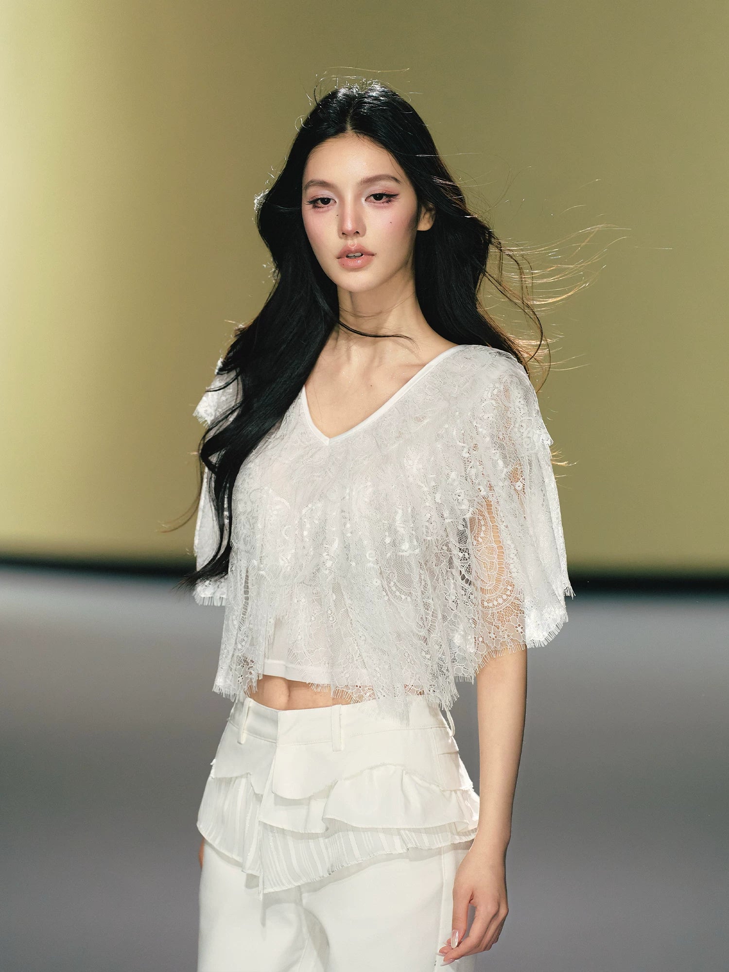 AGAM V-neck Multi-layer Lace Tee