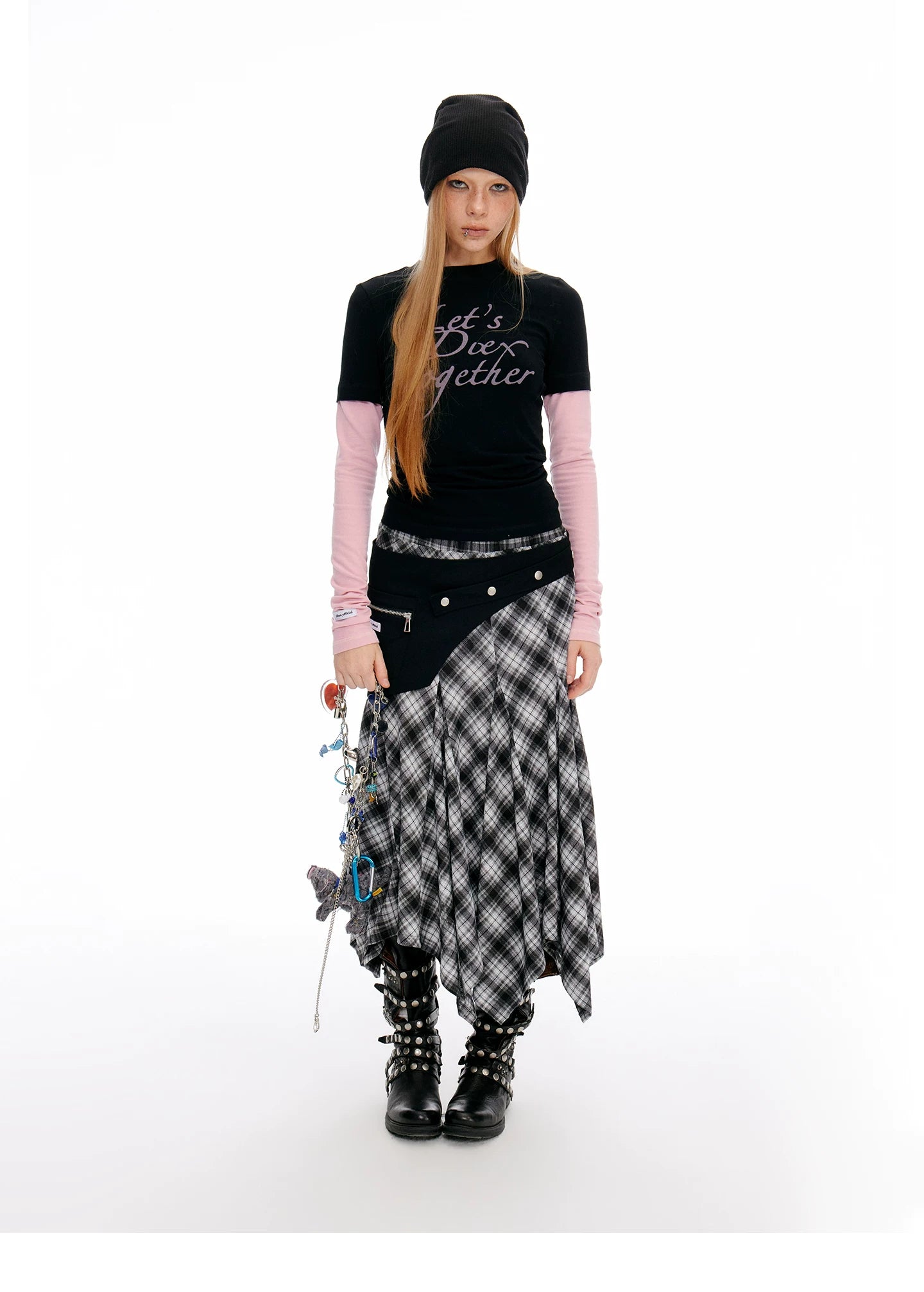 JIKOO Plaid Skirt Versatile Irregular Hem Skirt