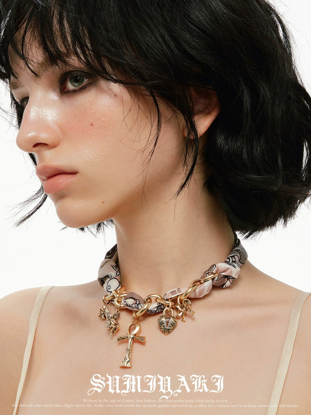 SUMIYAKI Vintage Cross Silk Scarf Necklace