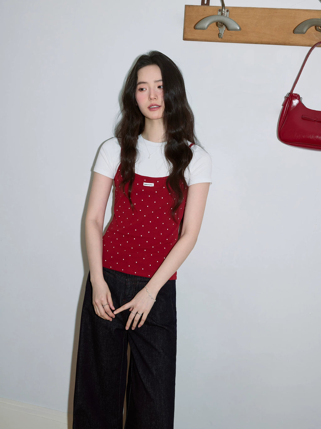 XUJING Fake Two Pieces Round Neck Polka Dot Slim Tee