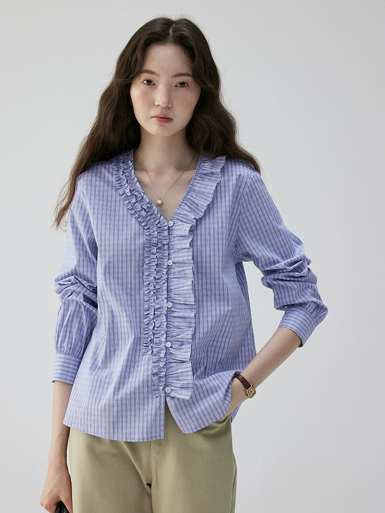VOOE Fungus Edge V-Neck Checked Shirt