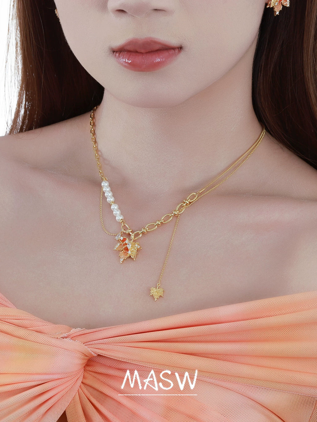 MASW Romantic Tassel Orange Maple Leaf Clavicle Chain
