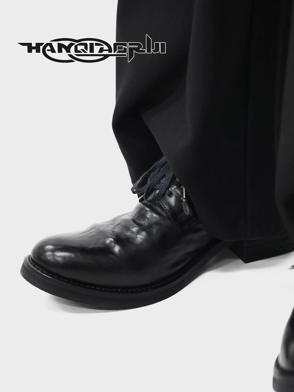 HANQIAORJI Pleated First-layer Cowhide Thick-soled Pointed Leather Shoes