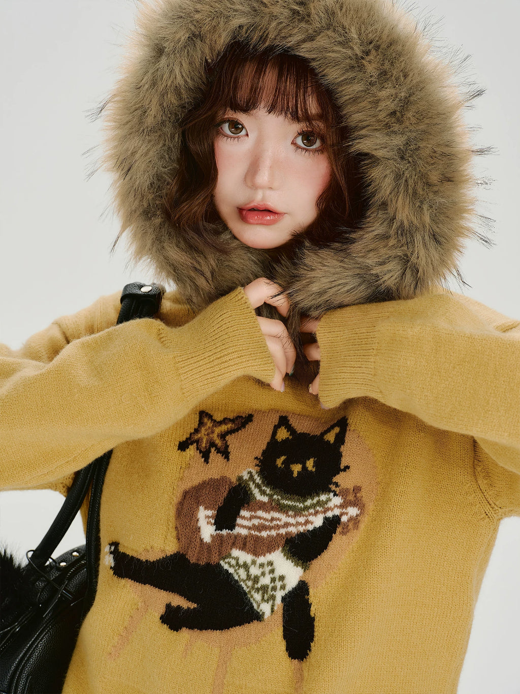 Girlyhalo Vintage Jacquard Collar Hooded Knitted Sweater