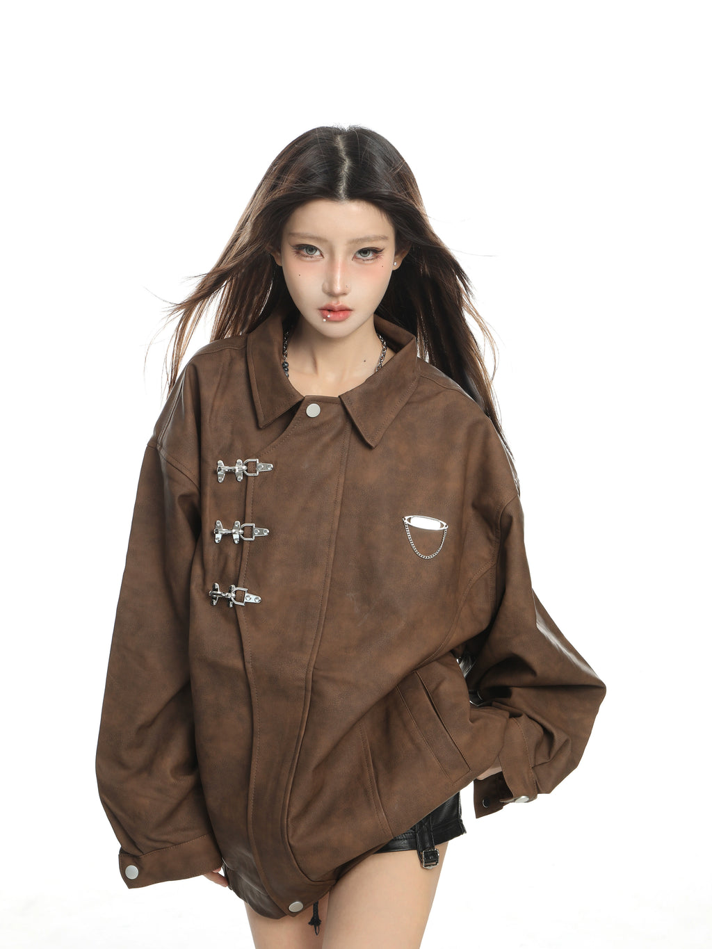 KDASE Vintage Suede Metal Buckle Lapel Leather Jacket