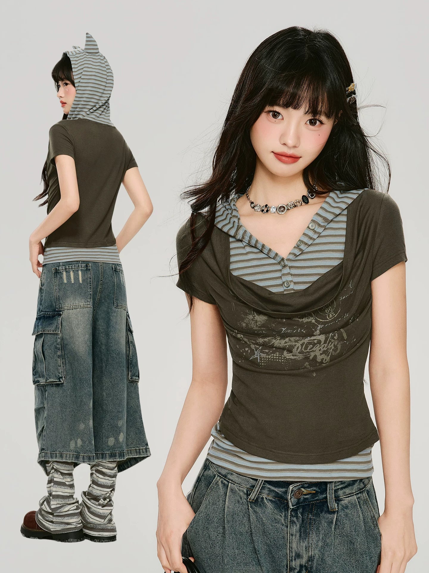 Girlyhalo Vintage Fake Two-piece Hooded Striped Slim Tee