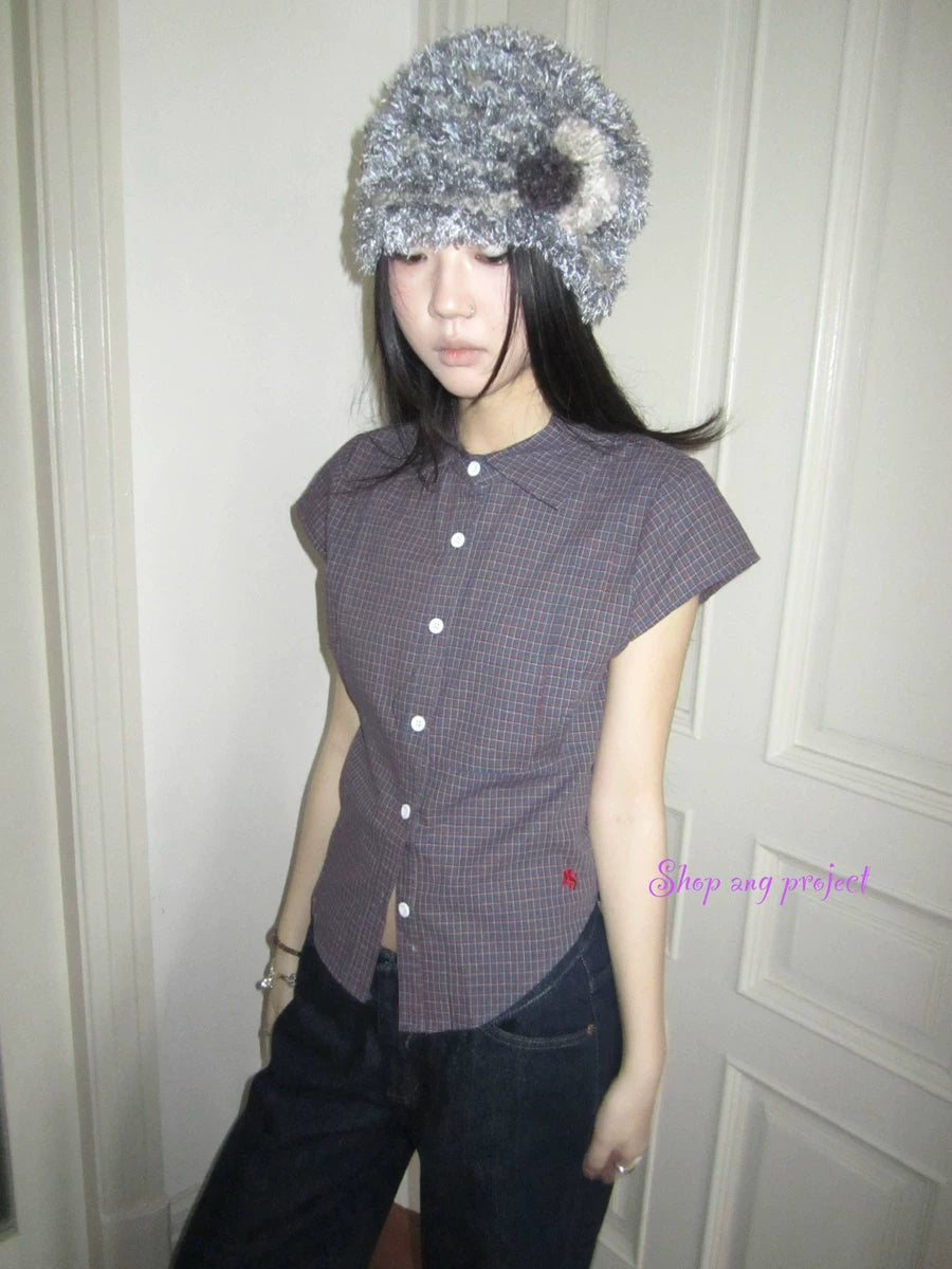 Ang:project Vintage Plaid Waist Pressed Pleated Embroidery Short Tee