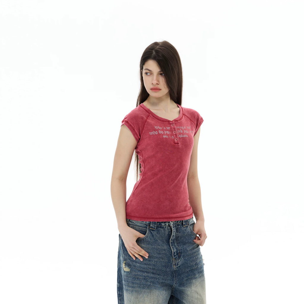 WLNEXT Premium Sense Slim Fit Henry Neck Front Shoulder Tee