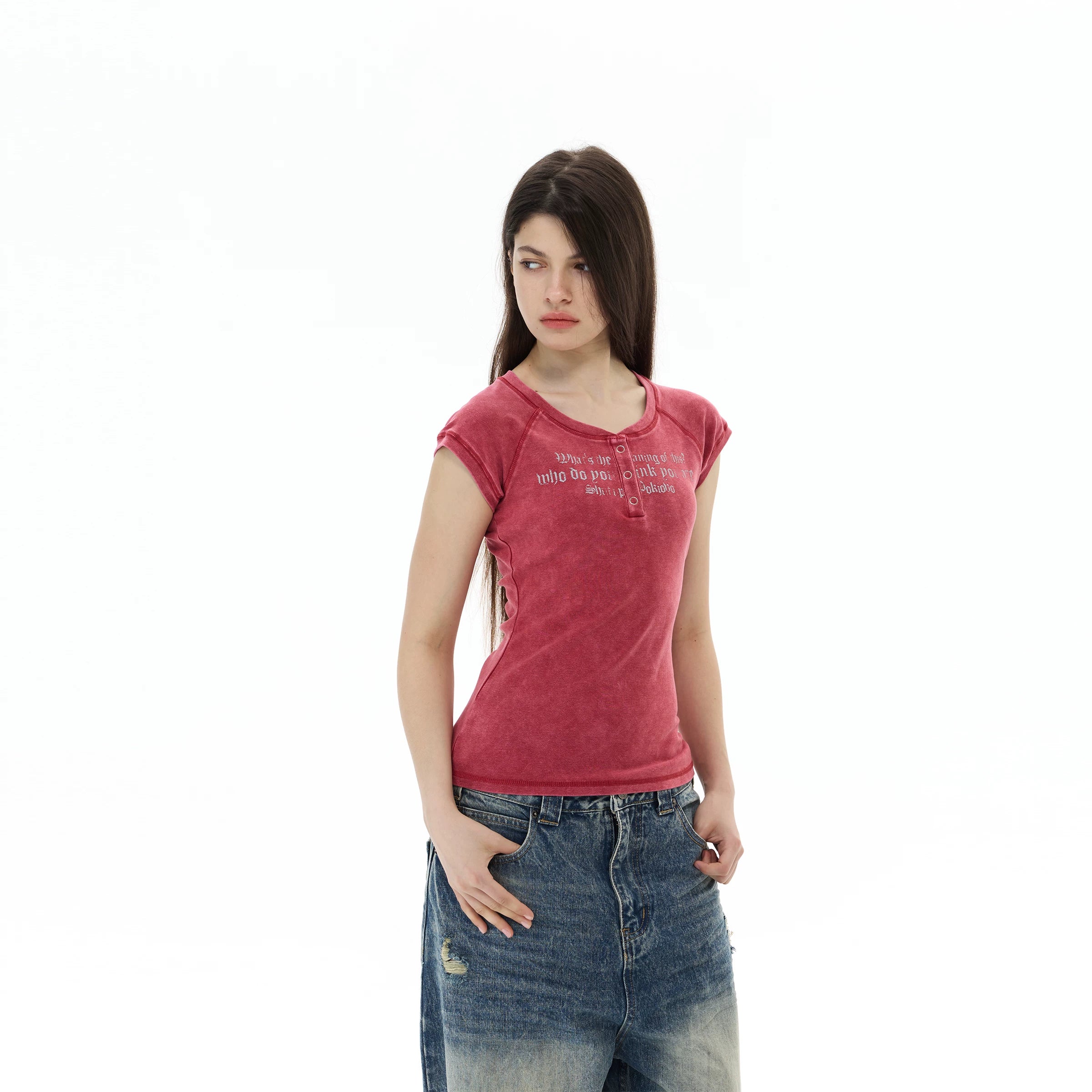 WLNEXT Premium Sense Slim Fit Henry Neck Front Shoulder Tee