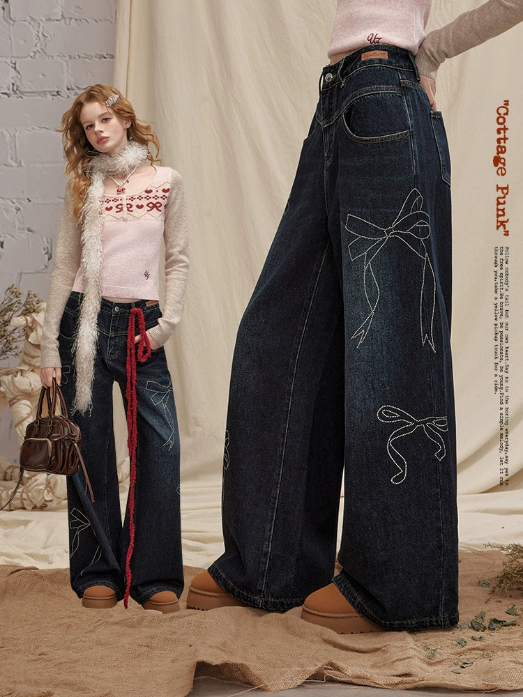 UNIFREE Cat Whisker Loose and Old Straight Jeans with Drill Splicing
