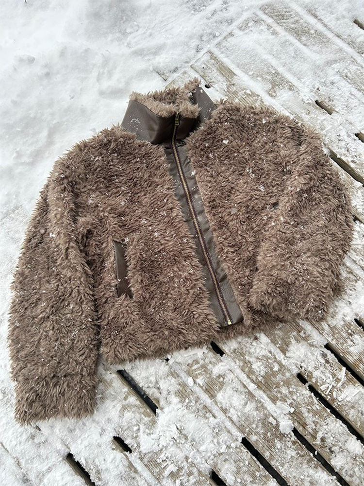 Eme Retro Fuzzy Trimmed Leather Warm Stand Collar Jacket