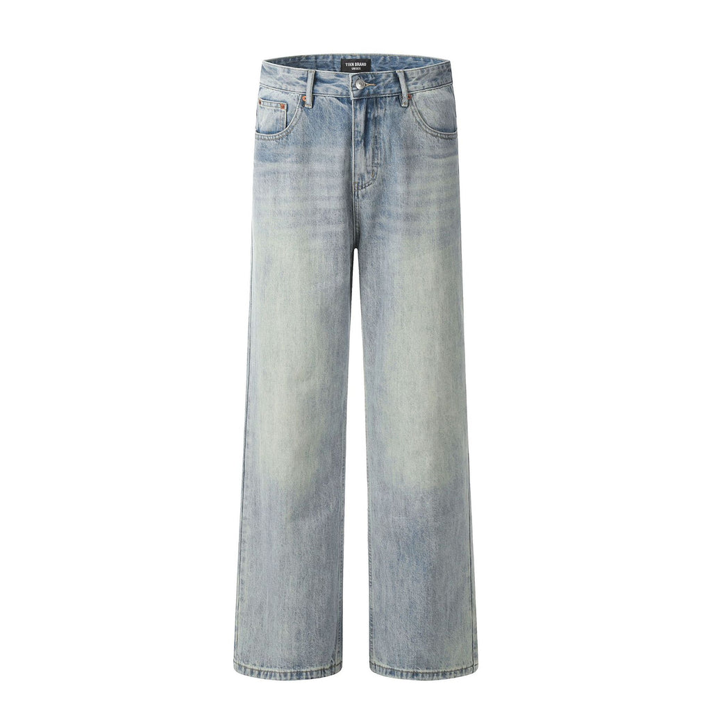 11KN Street Retro Blue Jeans American High Street Distressed Washed Straight Slim Loose Wide-leg Jeans