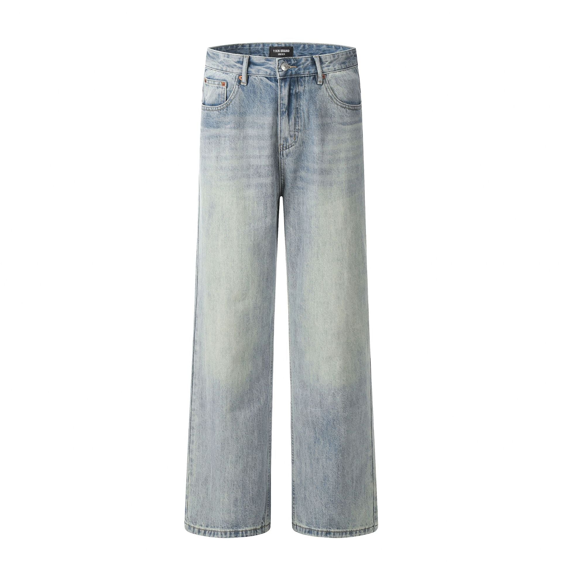 11KN Street Retro Blue Jeans American High Street Distressed Washed Straight Slim Loose Wide-leg Jeans
