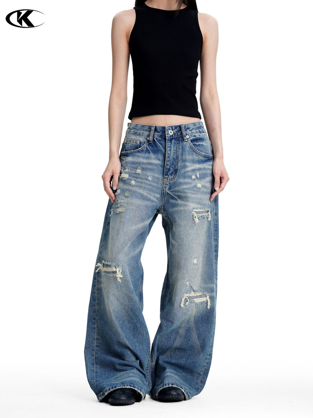 11KN Retro Loose Ripped Straight Mopping Jeans