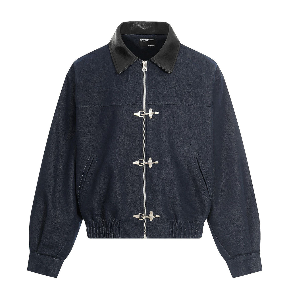 11KN Retro Spliced PU Leather Lapel Jacket