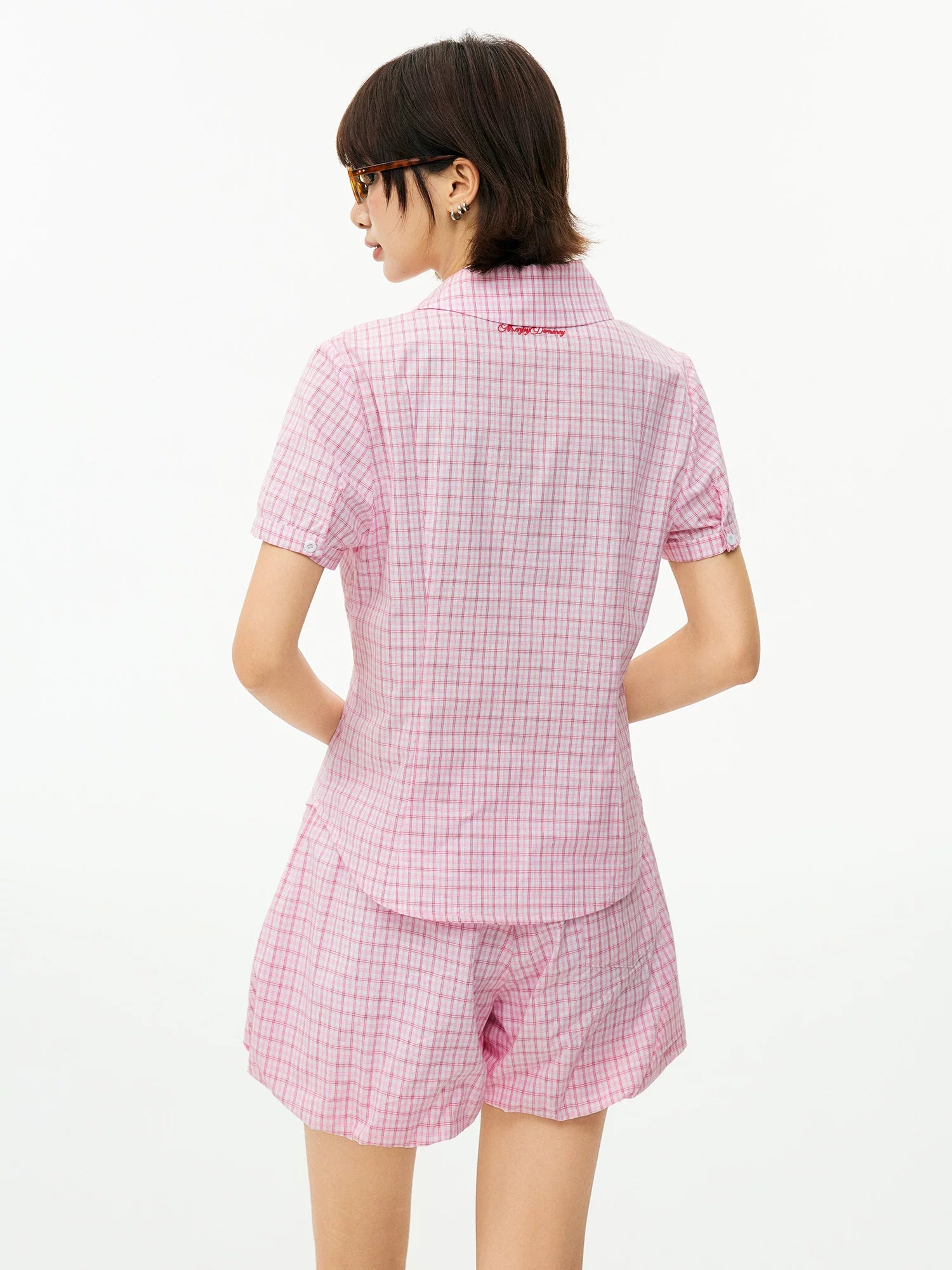 MEDM Plaid Diagonal Shirt with Waist and Thin Short Sleeves
