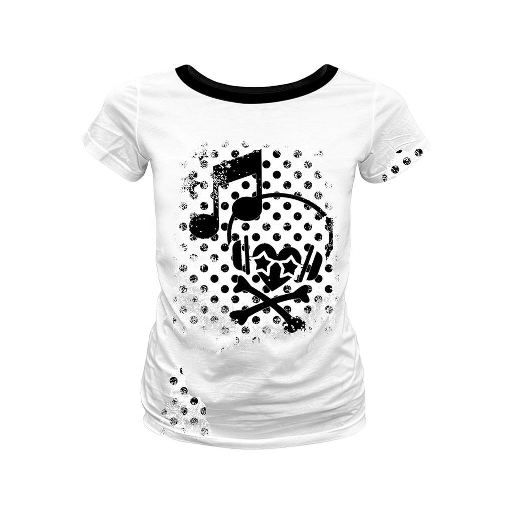 PAIKI Headphones Skull Polka Dot Round Neck Front Shoulder Slim Tee
