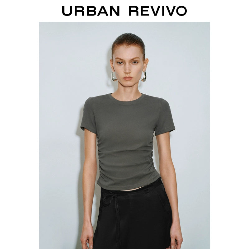 URBAN REVIVO Slim Fold Waist Round Neck Tee