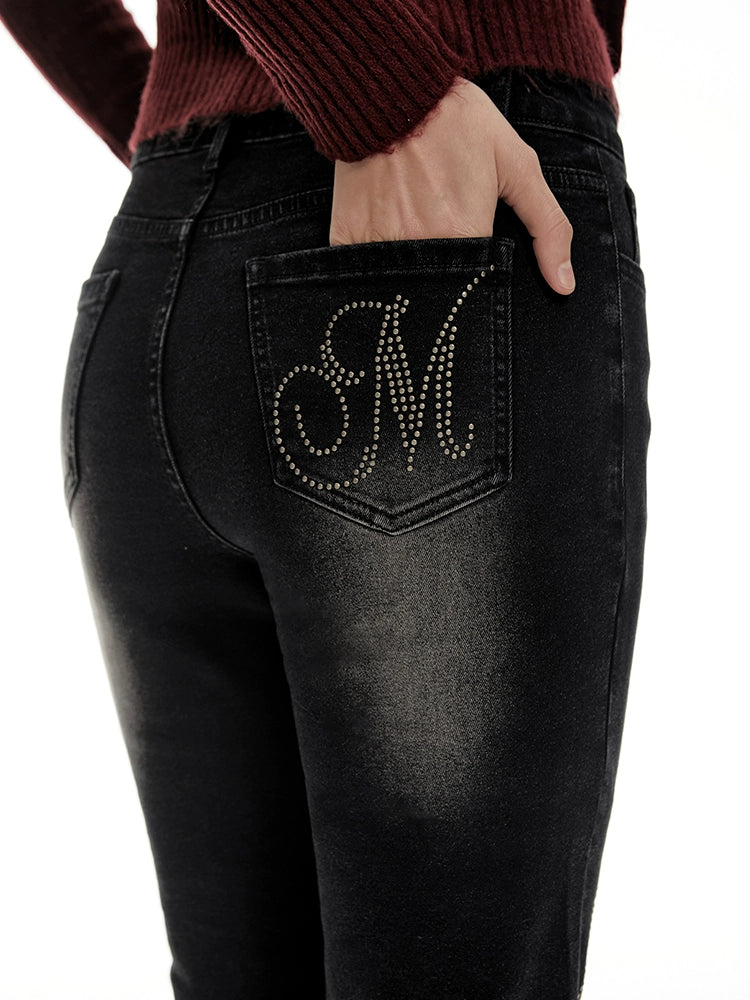 Imone Retro Old Rivets Flower High Waist Thin Slightly Pulled Jeans