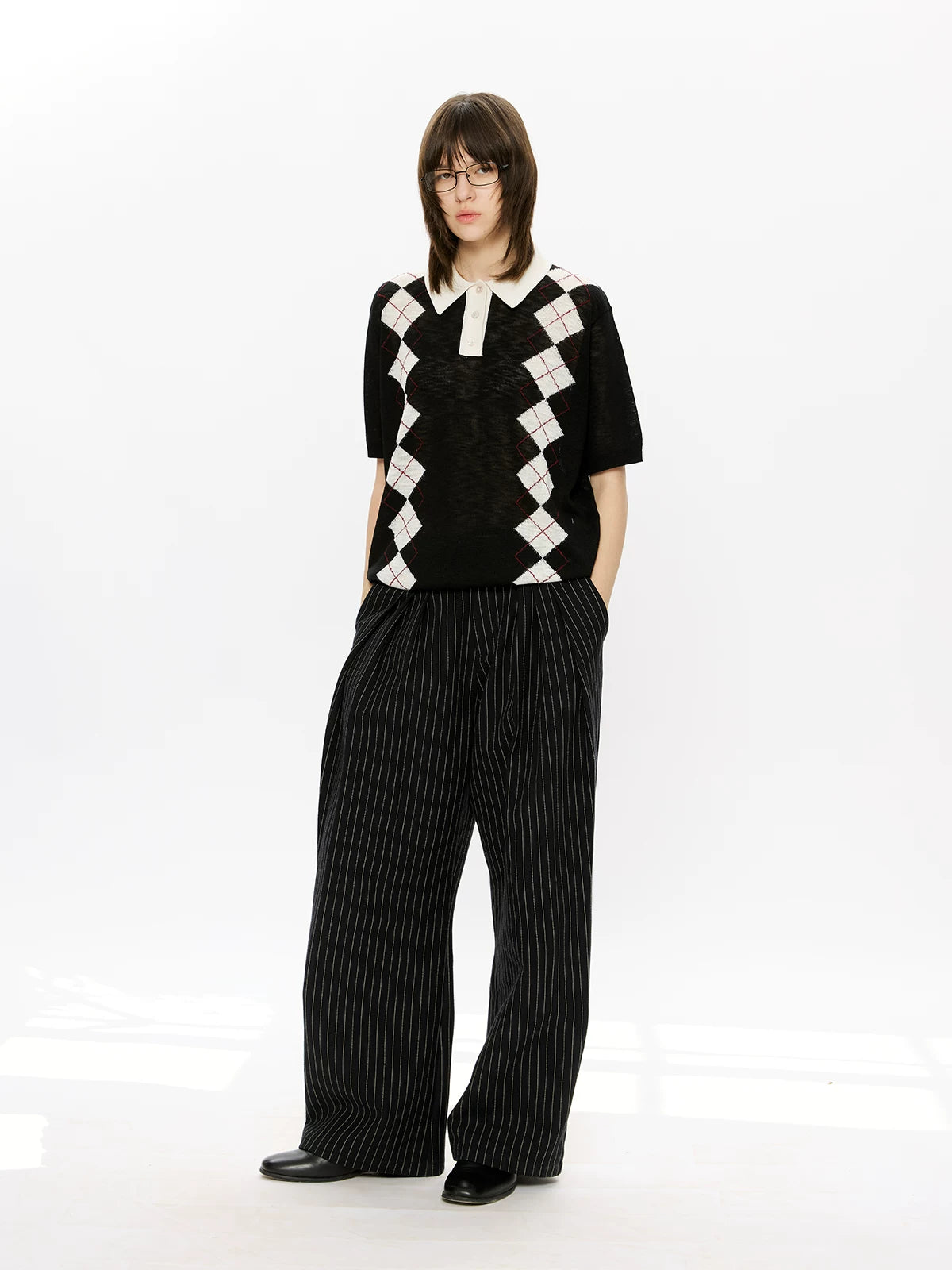 KREATE Rhombus Vertical Contrasting Casual Knitted Tee