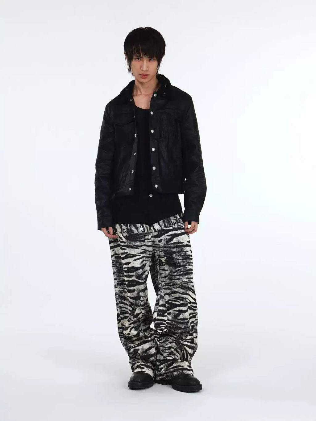 DETW Zebra-striped Slanted Waist Straight Stack Visual Jeans