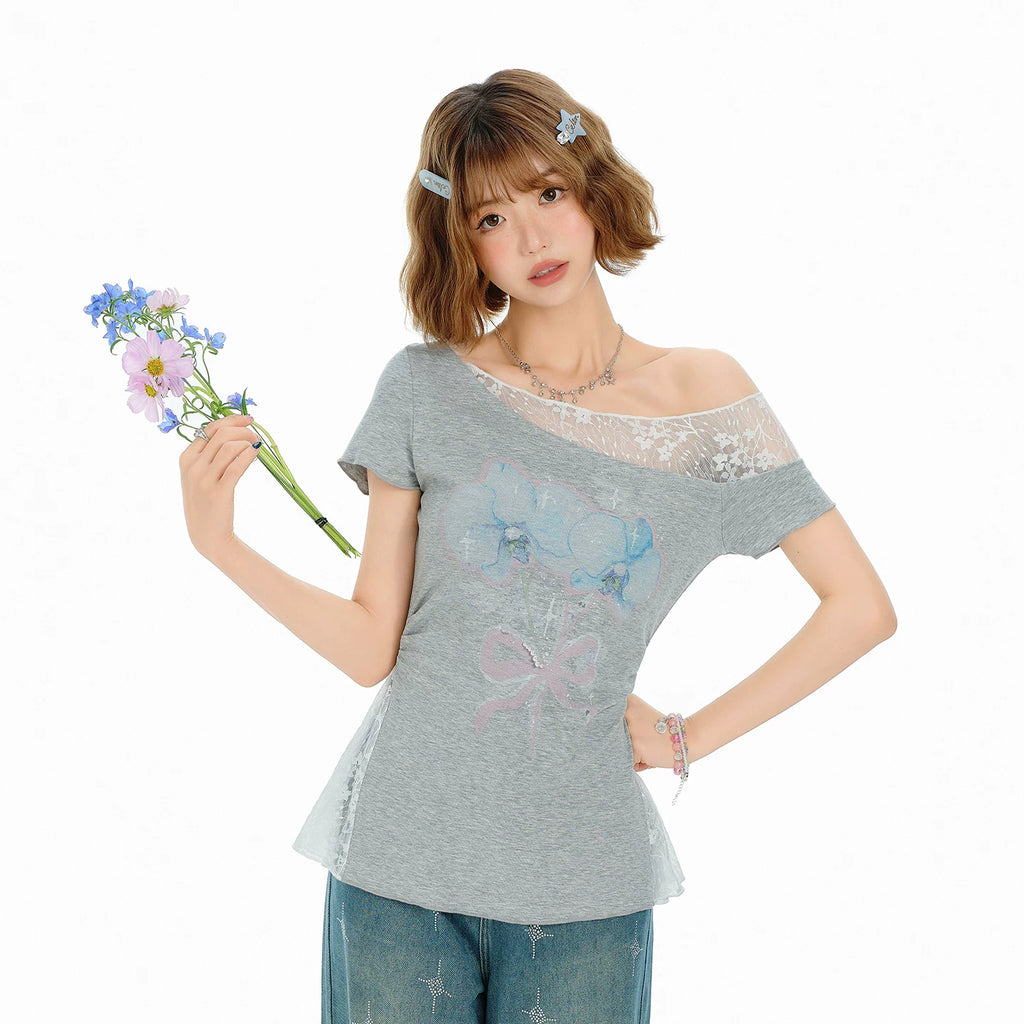 Girlyhalo Vintage Lace Splice Shoulder Tee
