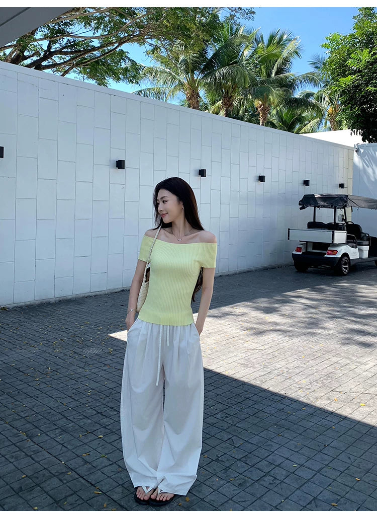 Pusumede Shoulder Slim Short Knitted tee