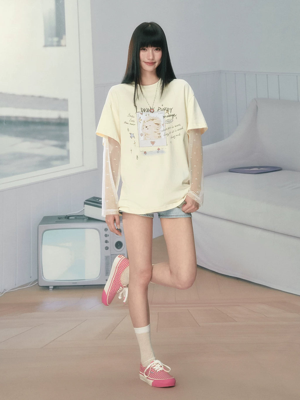 Ablueberry Cool Fake Two Piece Mesh Splicing Tee