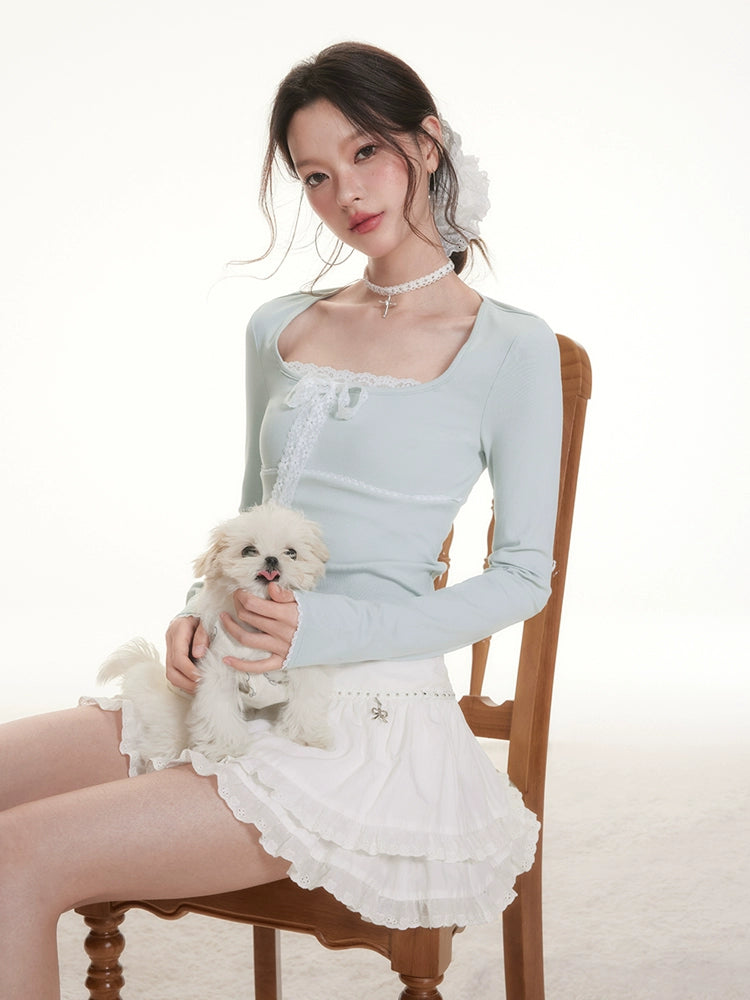 Imone Lace Splicing Bow Strap Square Neck Long Sleeve