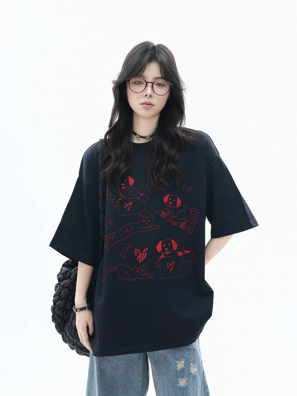 Zuocisankon Lazy Shoulder Fun Cute Cat Embroidery Tee