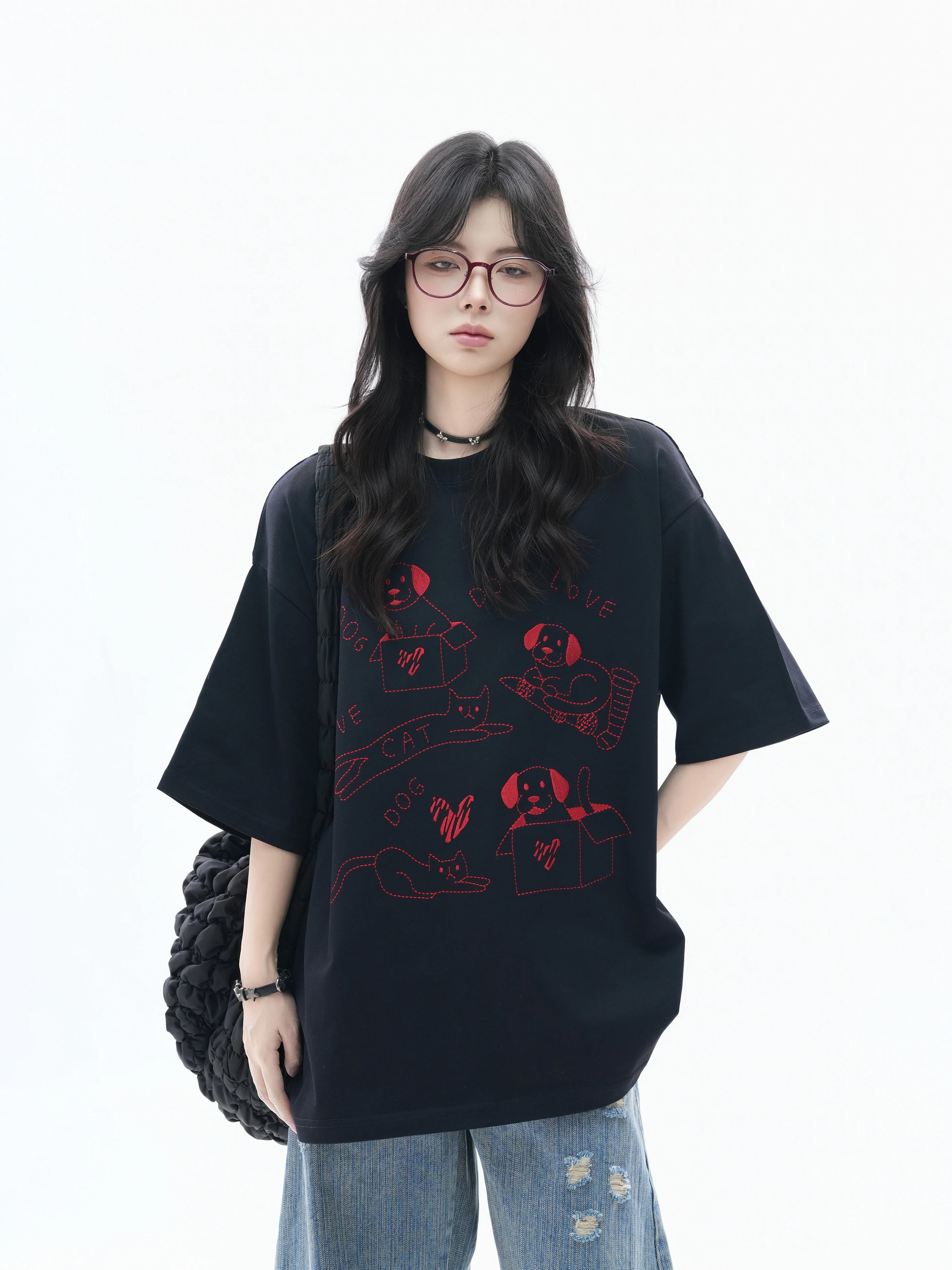 Zuocisankon Lazy Shoulder Fun Cute Cat Embroidery Tee