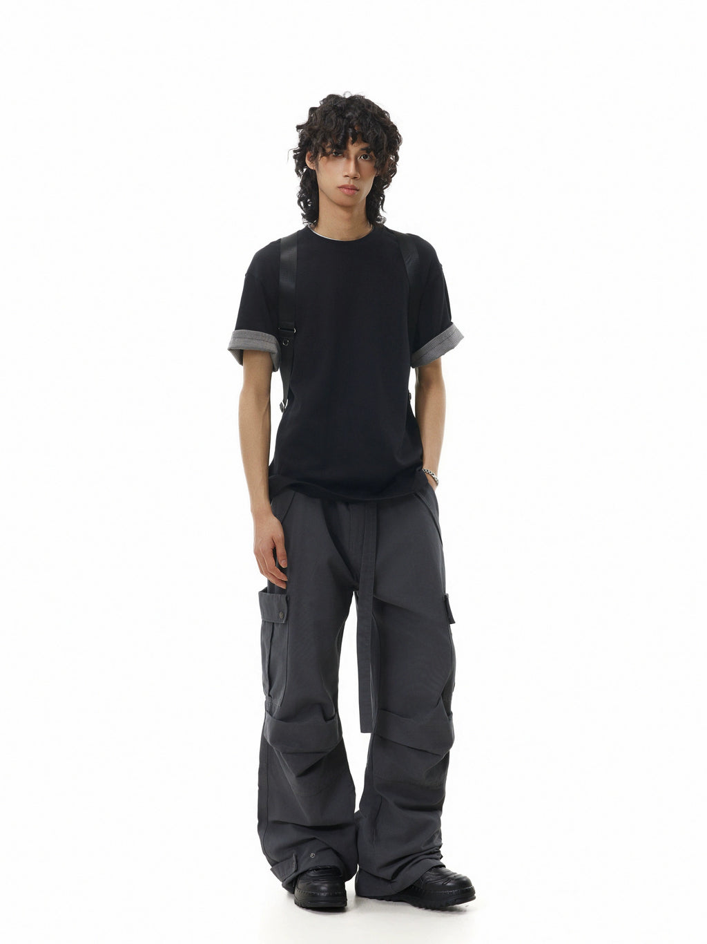 BTSG Pleated Straps Three-dimensional Multi-pocket Tooling Wide-leg Pants