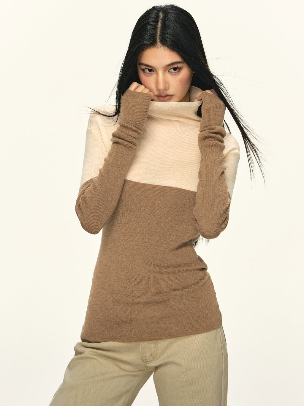 Anna Aneae Contrasting Turtleneck with Knitted Bottom Long Sleeves