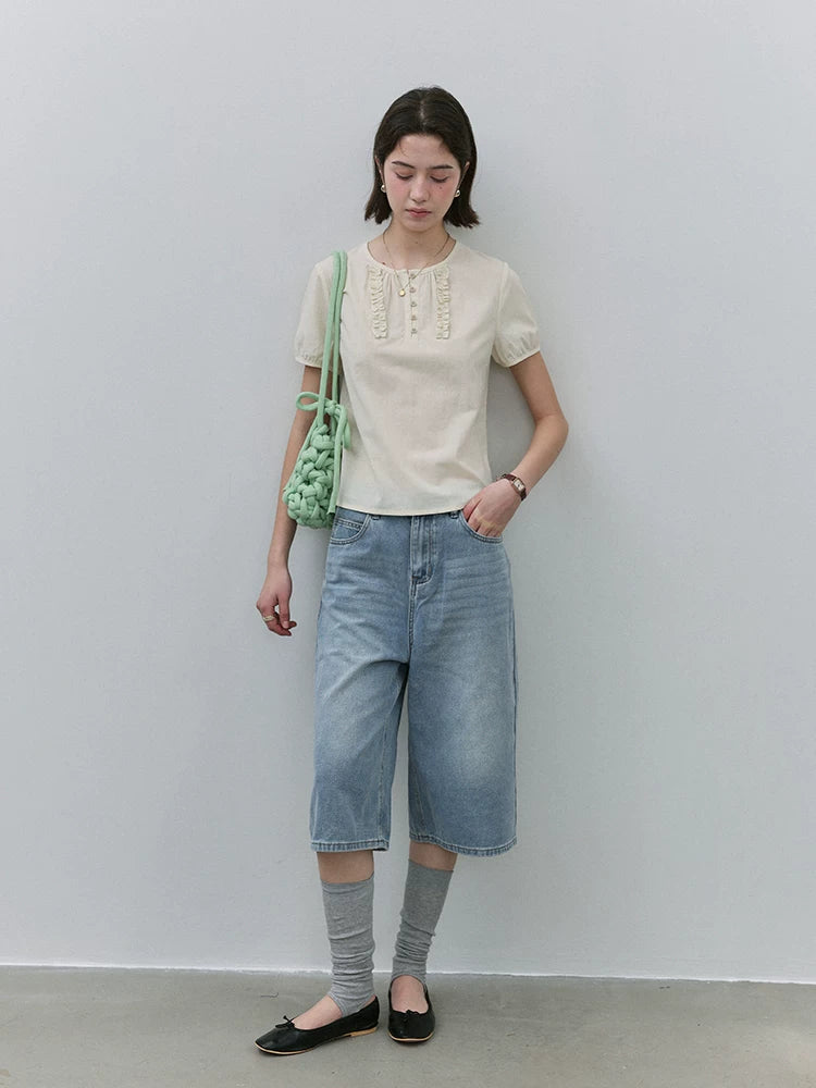 VOOE Fungus Edge Front Shoulder Crew Neck Casual Shirt