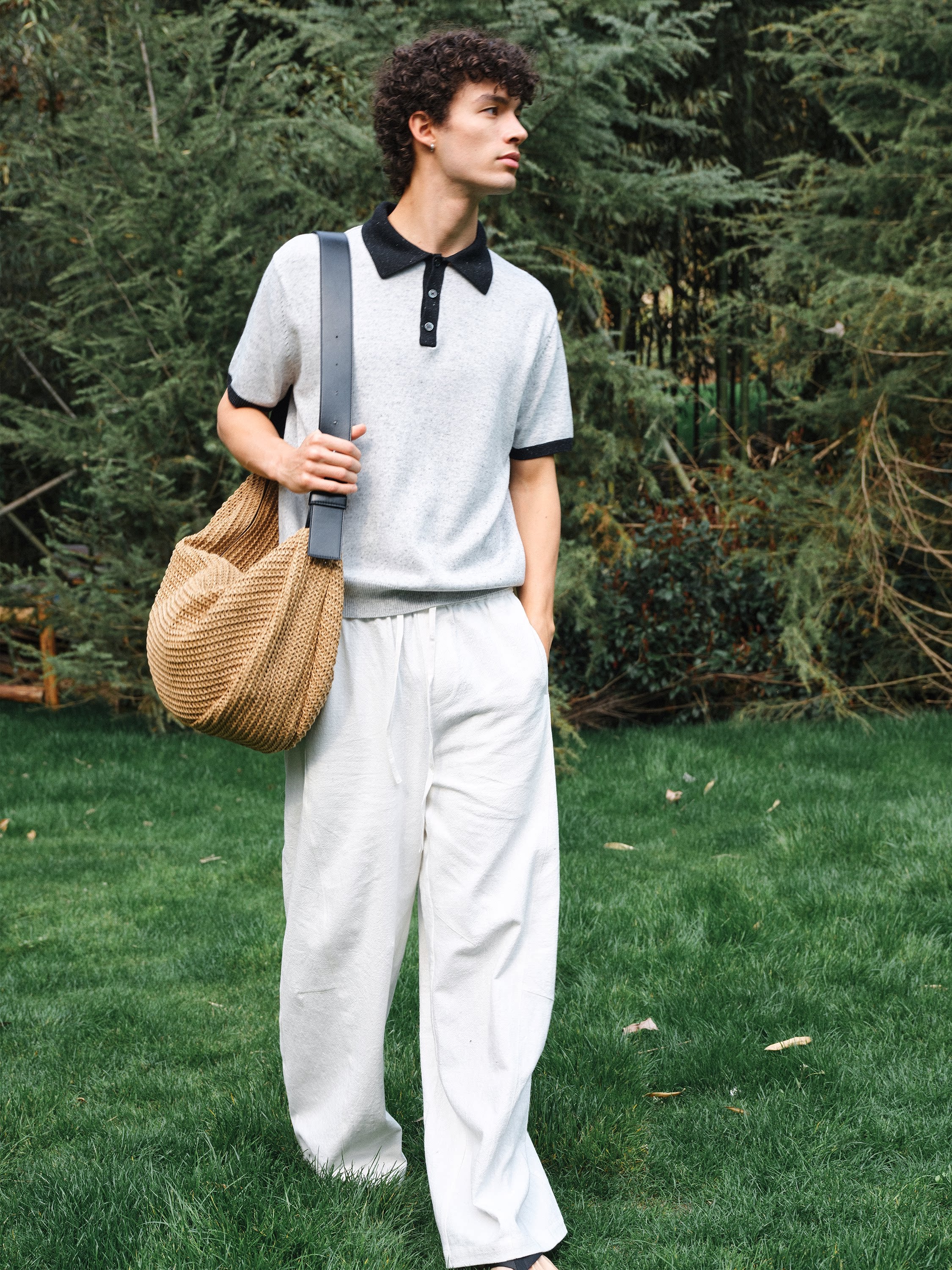 VLABMADE | Italian Old Money Contrast-Trim Polo Collar Wool-Linen Blend Knit Short Sleeve Top