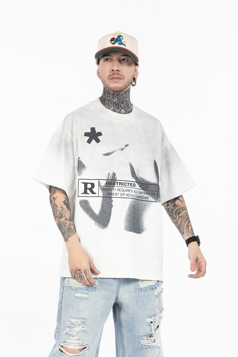 SUPER WAY Letter Printing Gradual Change Spray Color Casual Tee