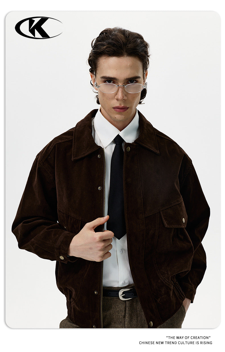 11KN Retro Loose Imitation Leather Fleece Lapel Jacket