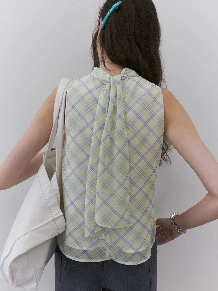 VOOE Contrasting Color Plaid Streamer Vest Shirt