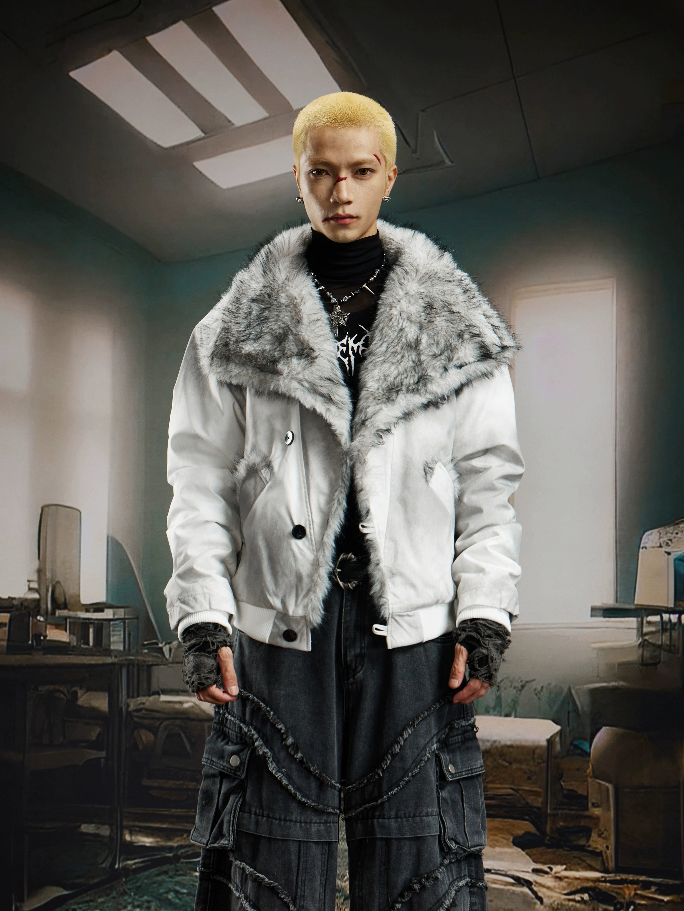 NOMANIAI Dirty Dyed Fluff Large Lapel Loose Short Cotton Clothes