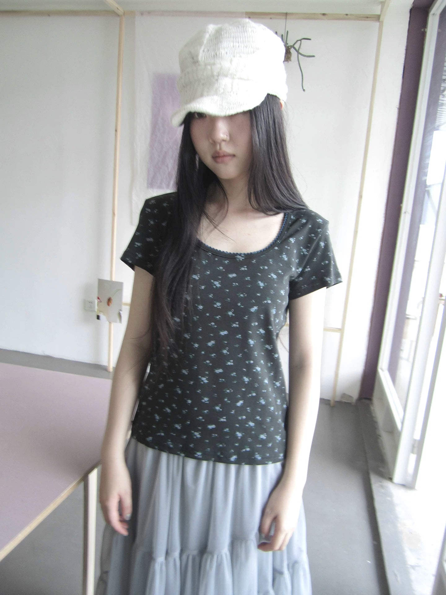 Ang: Project Retro Square Neck Floral Short Front Shoulder Tee