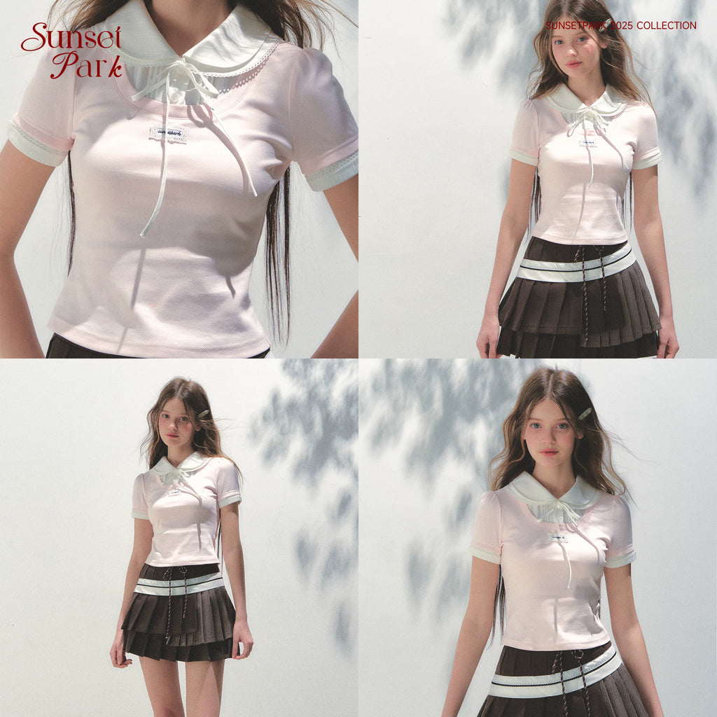SunsetPark Doll Collar Stitching Knitted Tee