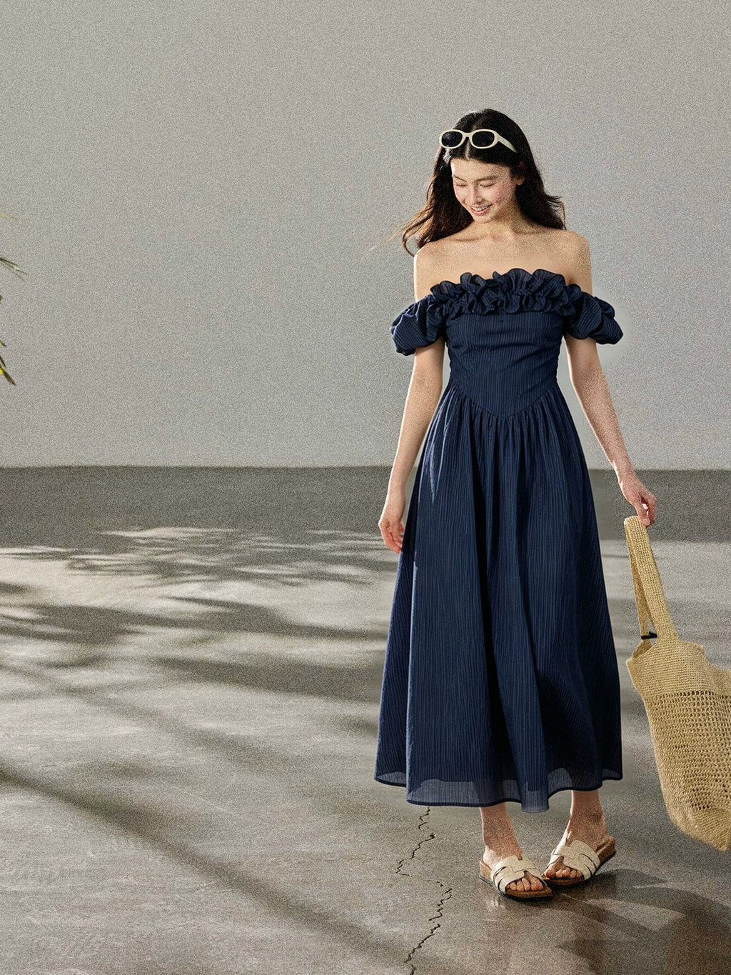 TYANG Two Wear Three-dimensional Ruffle Edge One-word Shoulder Striped Dress
